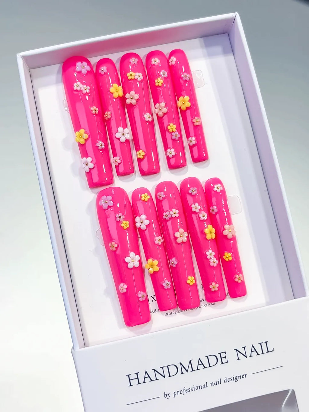 L014 - Long Pink White Square French tip Flower Shell