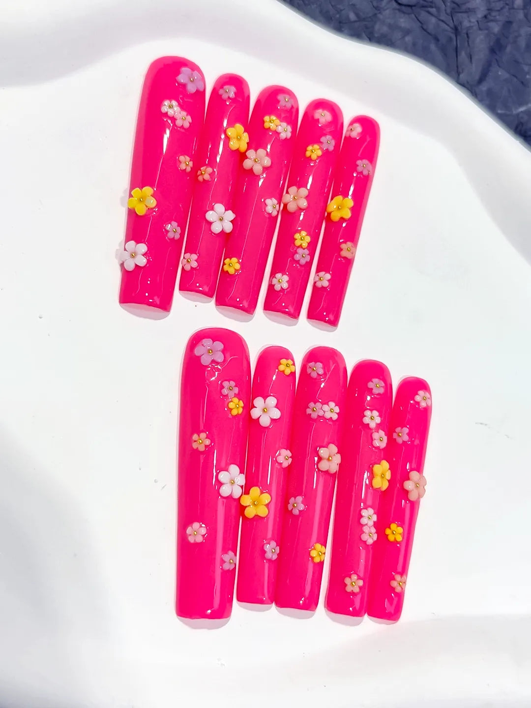 L014 - Long Pink White Square French tip Flower Shell