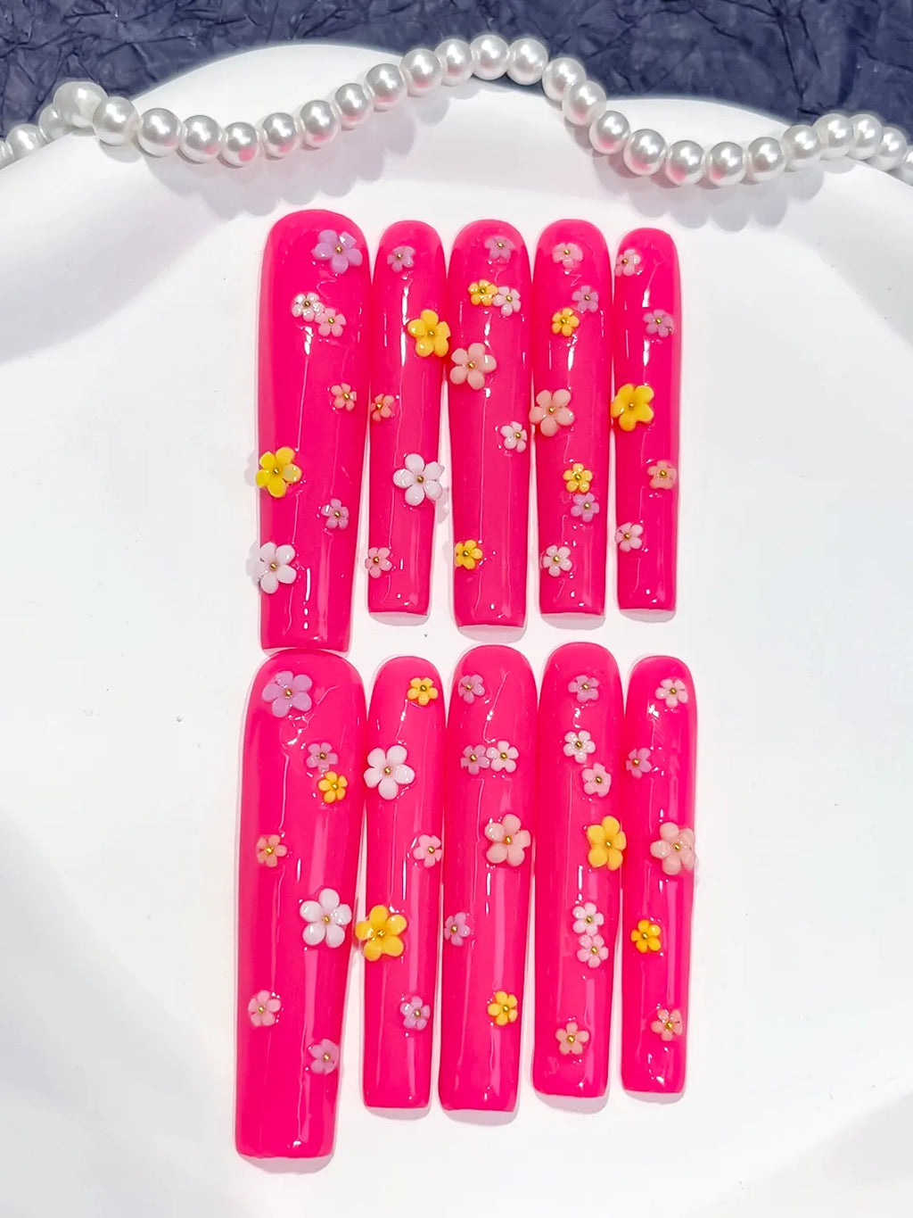 L014 - Long Pink White Square French tip Flower Shell