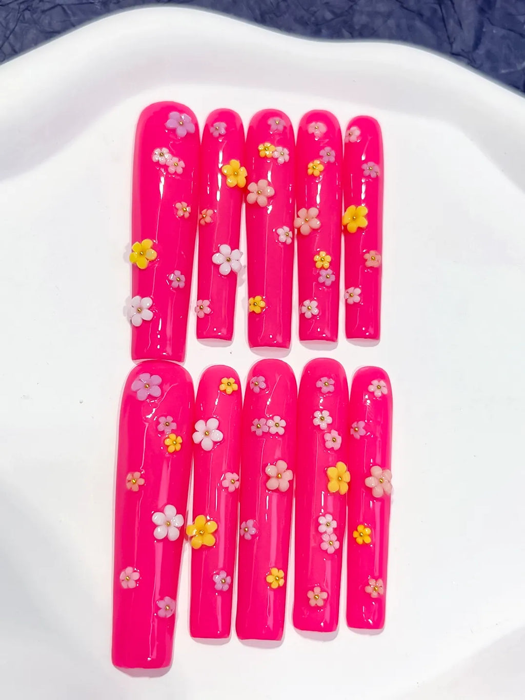 L014 - Long Pink White Square French tip Flower Shell