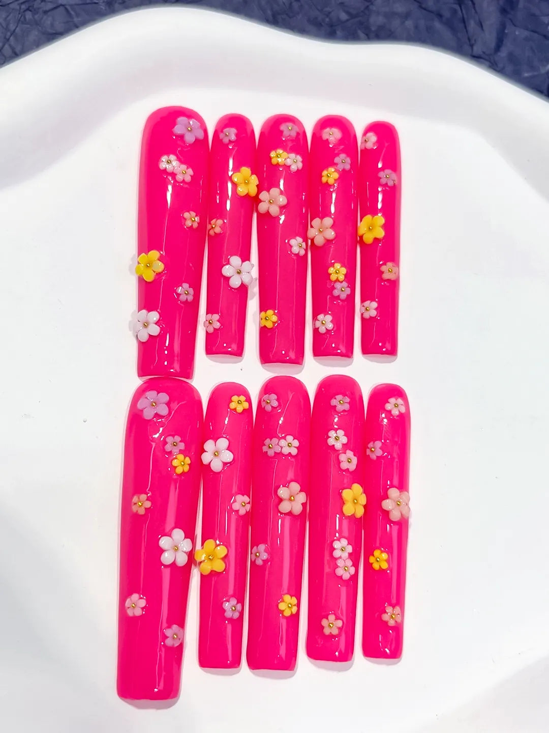 L014 - Long Pink White Square French tip Flower Shell