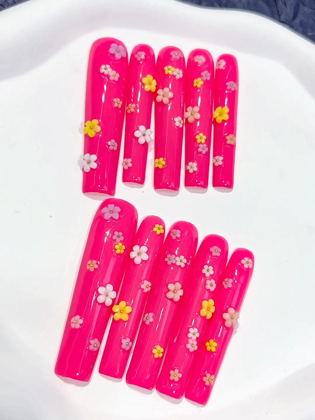 L014 - Long Pink White Square French tip Flower Shell