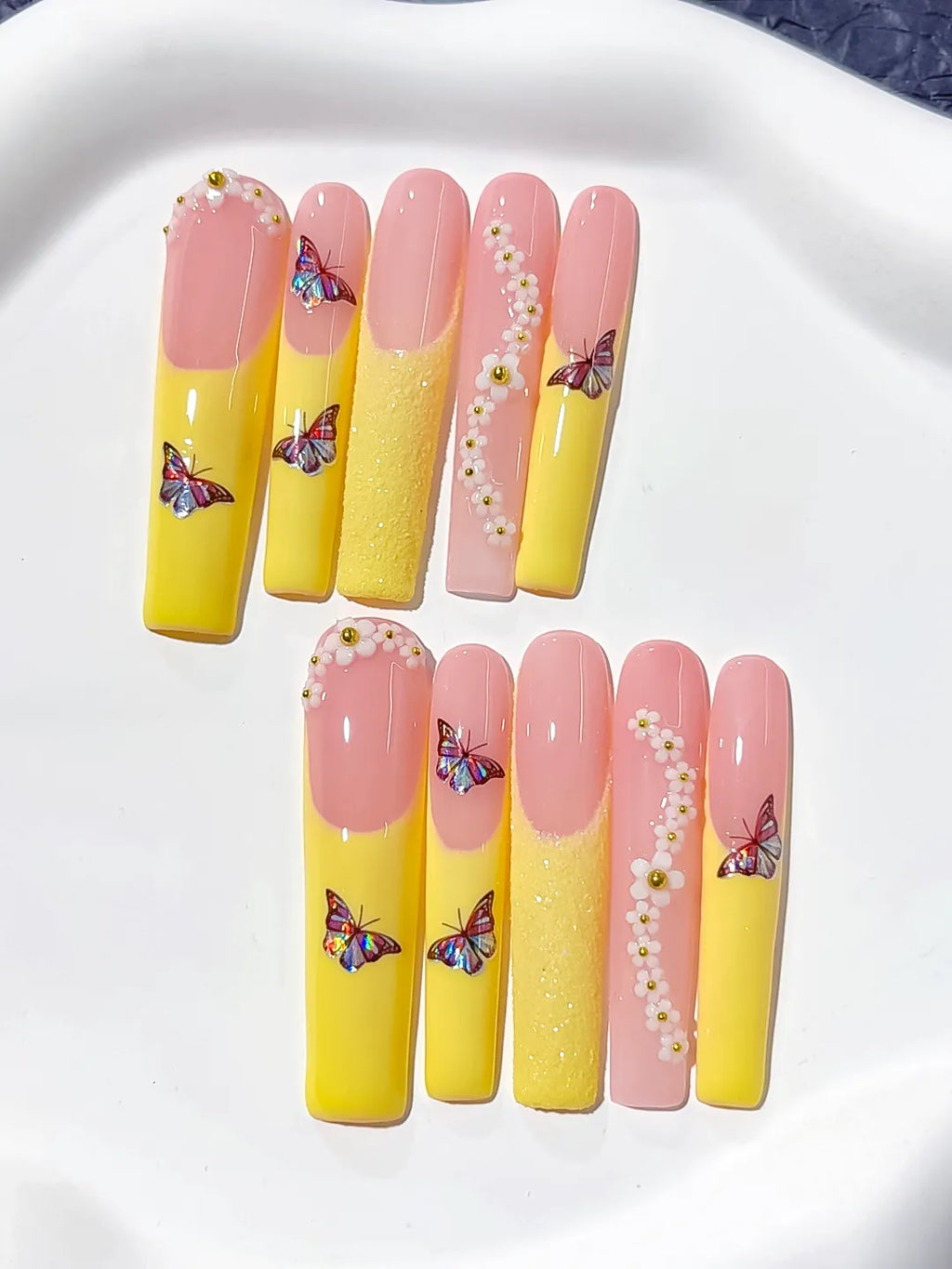 L016 - Long Nude White Square French tip Flower Rhinestone