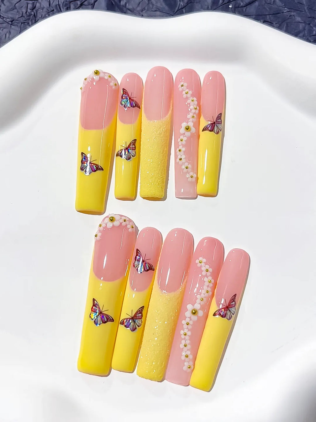 L016 - Long Nude White Square French tip Flower Rhinestone