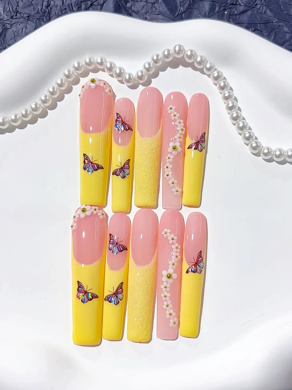 L016 - Long Nude White Square French tip Flower Rhinestone