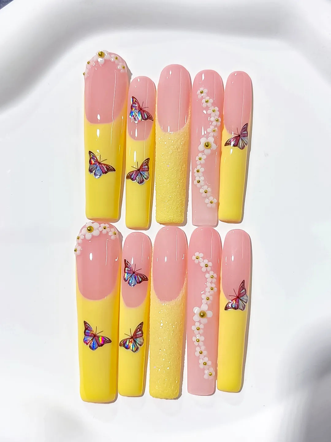 L016 - Long Nude White Square French tip Flower Rhinestone