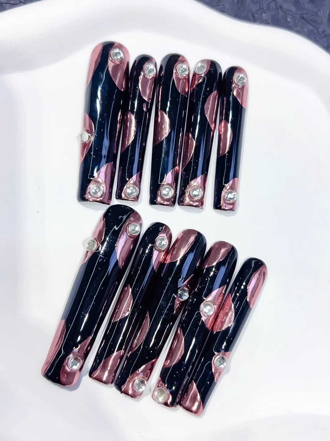 L017 - Long Pink White Square French tip Flower Heart