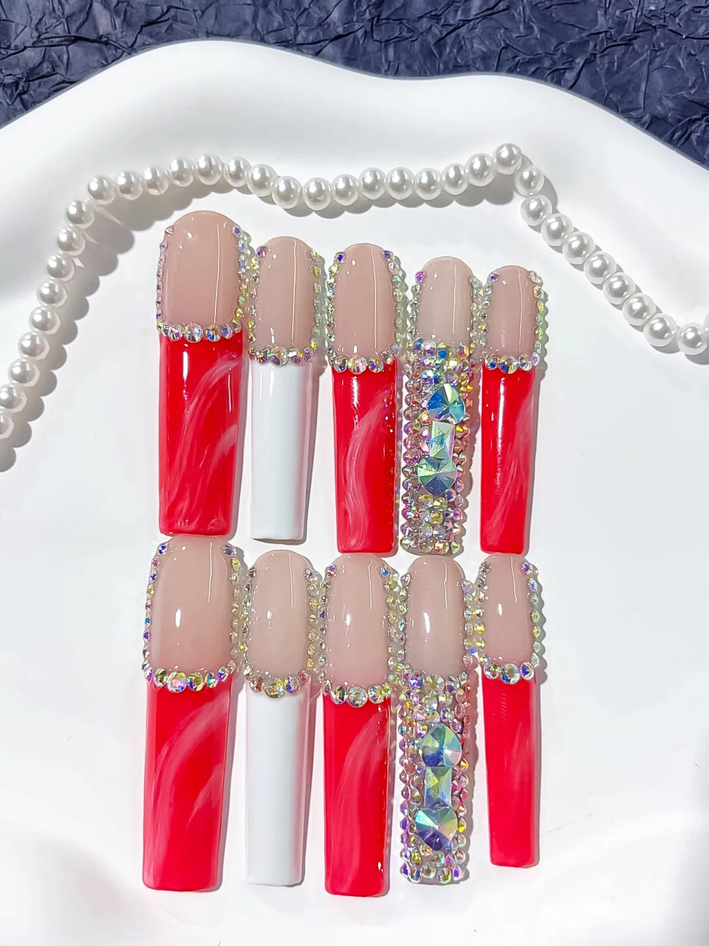 L021 - Long Nude Red Square Abstract Rhinestone