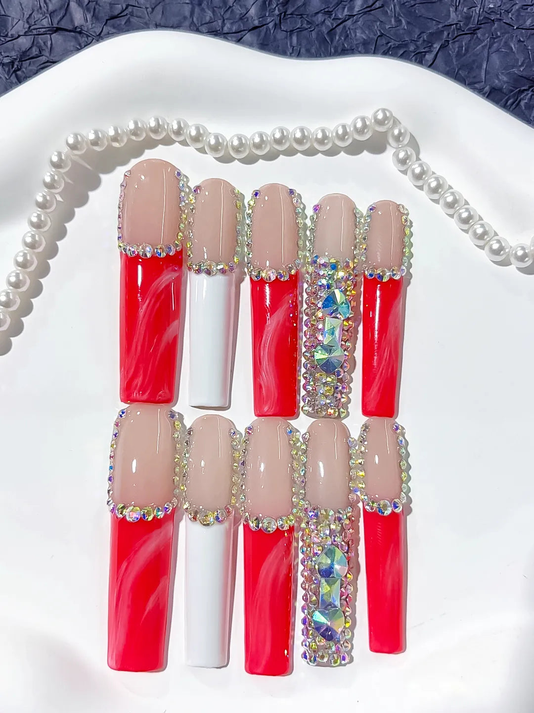 L021 - Long Nude Red Square Abstract Rhinestone