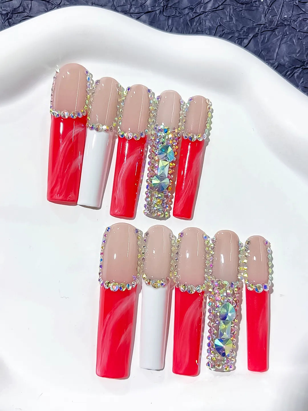 L021 - Long Nude Red Square Abstract Rhinestone