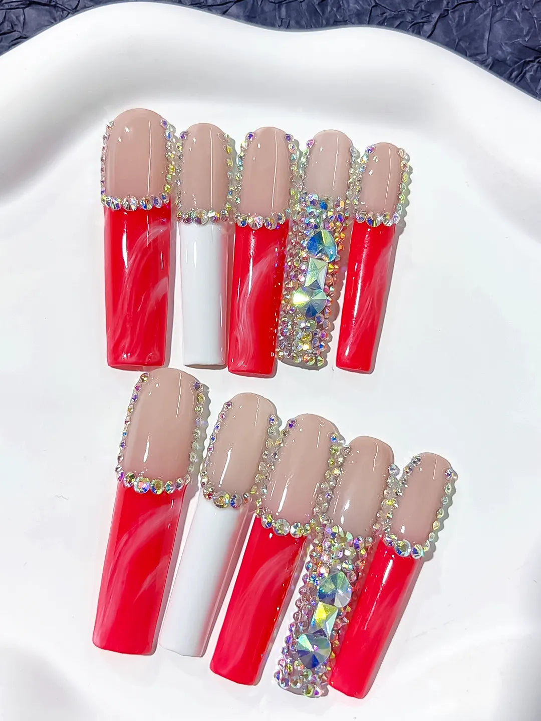 L021 - Long Nude Red Square Abstract Rhinestone