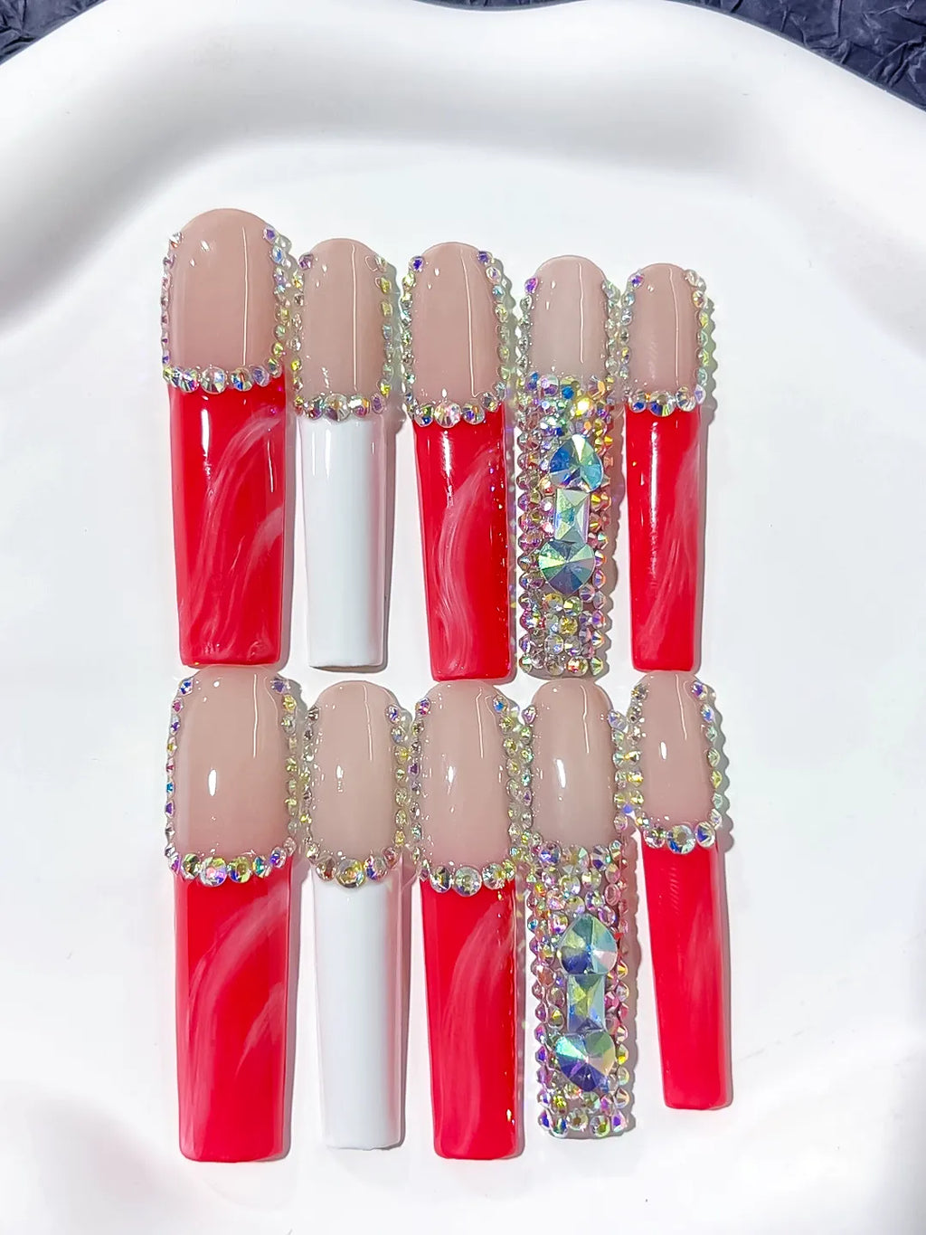 L021 - Long Nude Red Square Abstract Rhinestone