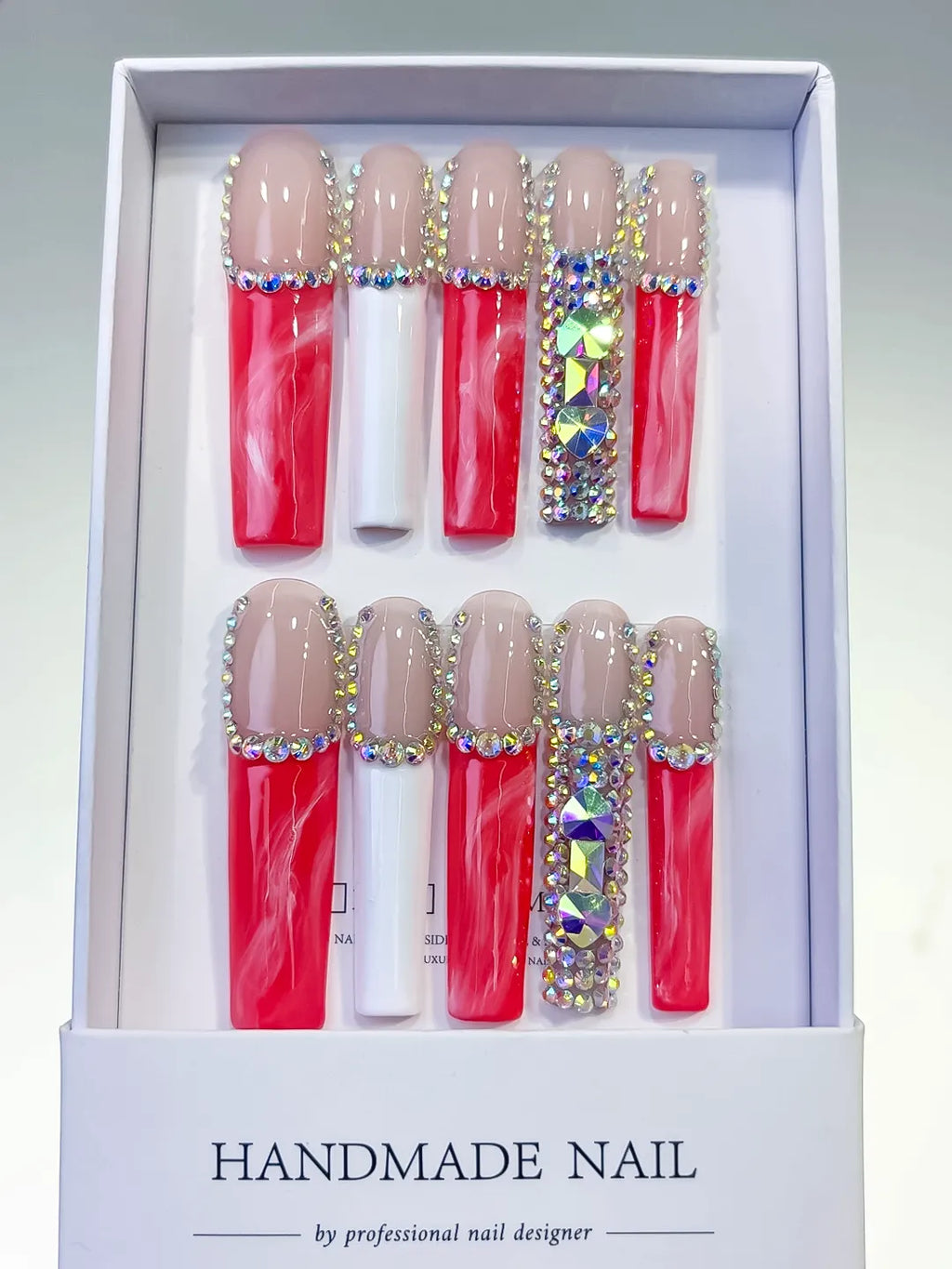 L021 - Long Nude Red Square Abstract Rhinestone