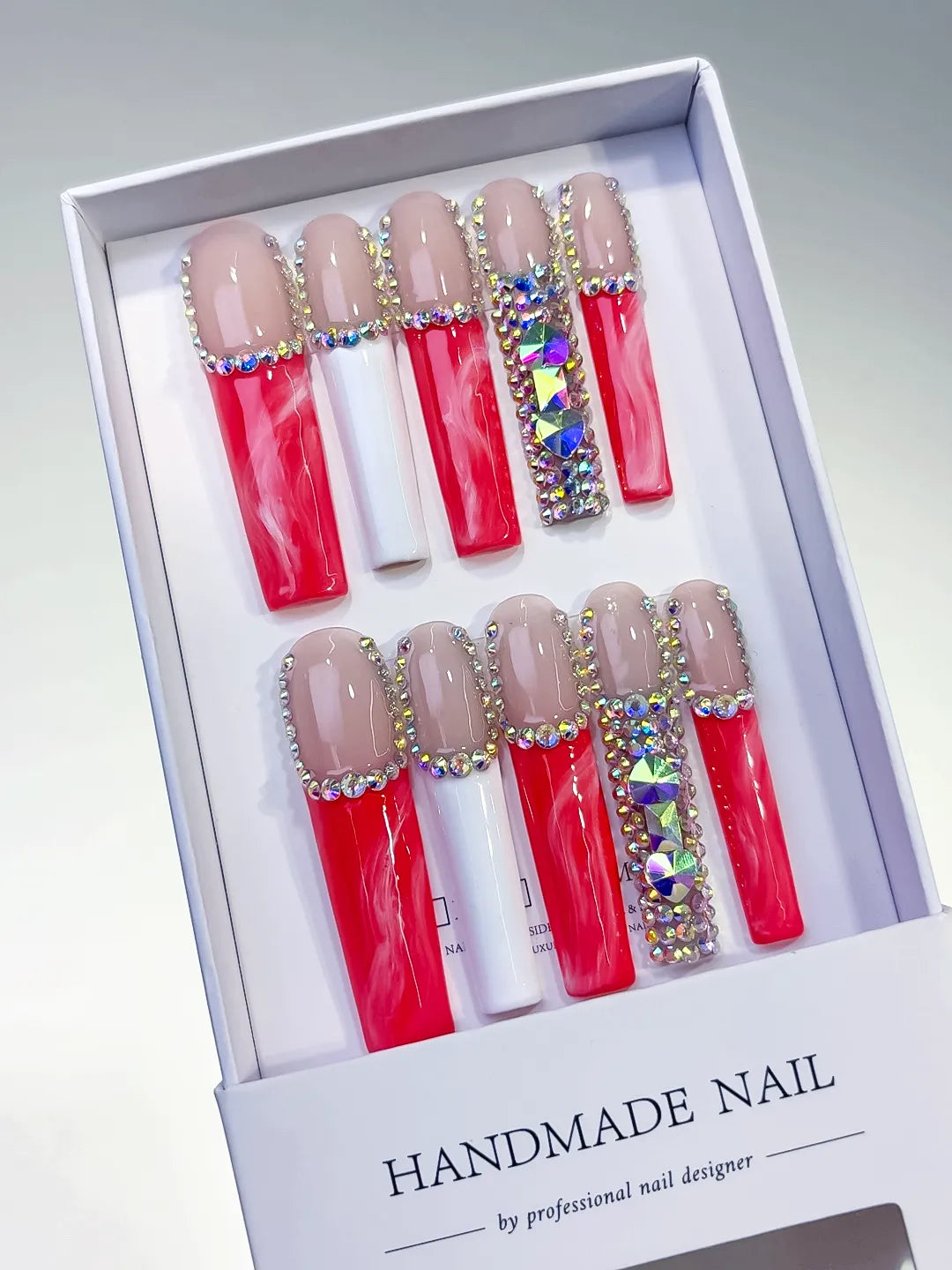 L021 - Long Nude Red Square Abstract Rhinestone