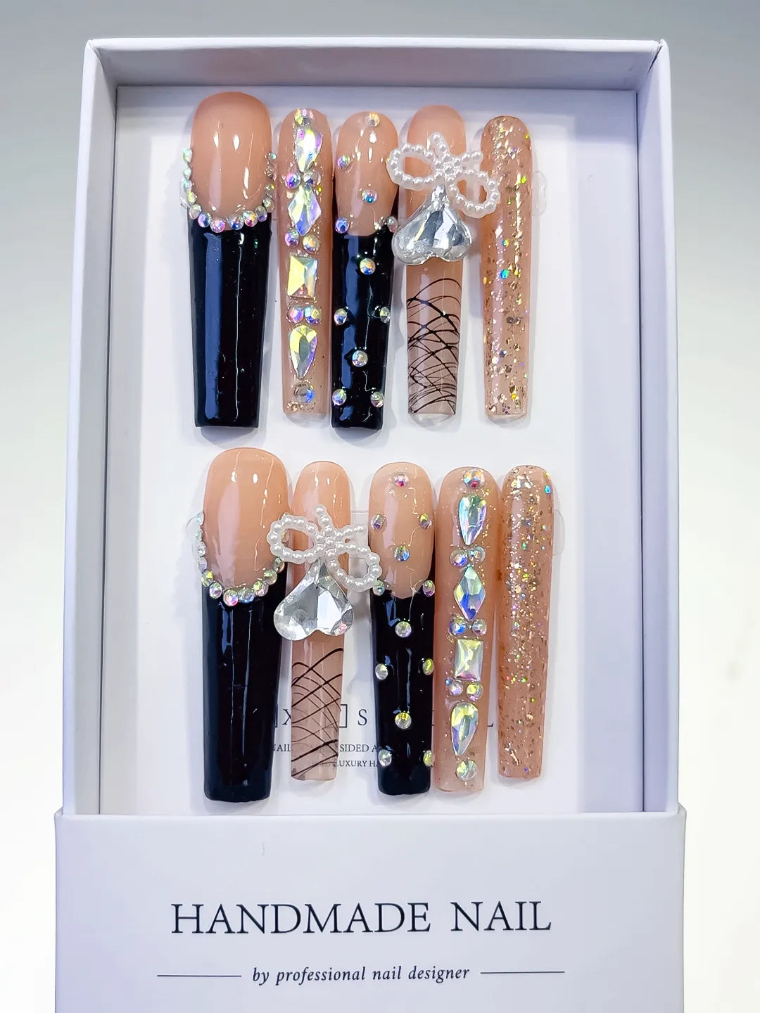 L022 - Long Nude Black Square French tip Bow Rhinestone