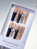 L022 - Long Nude Black Square French tip Bow Rhinestone