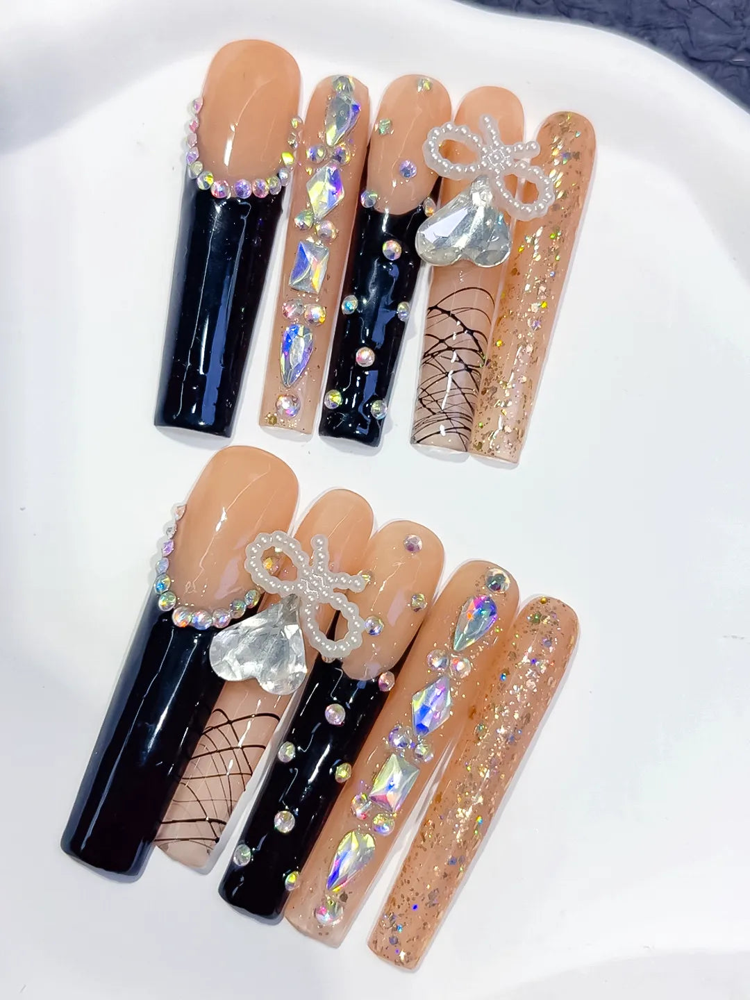 L022 - Long Nude Black Square French tip Bow Rhinestone