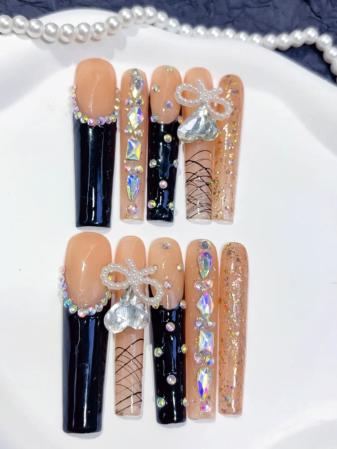 L022 - Long Nude Black Square French tip Bow Rhinestone