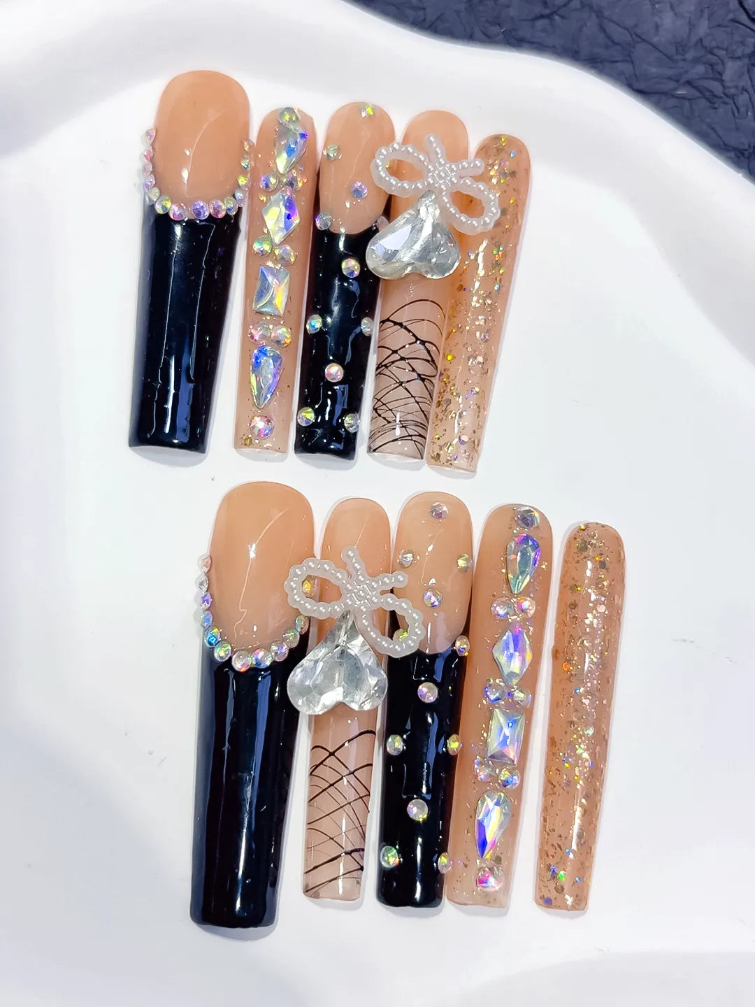 L022 - Long Nude Black Square French tip Bow Rhinestone