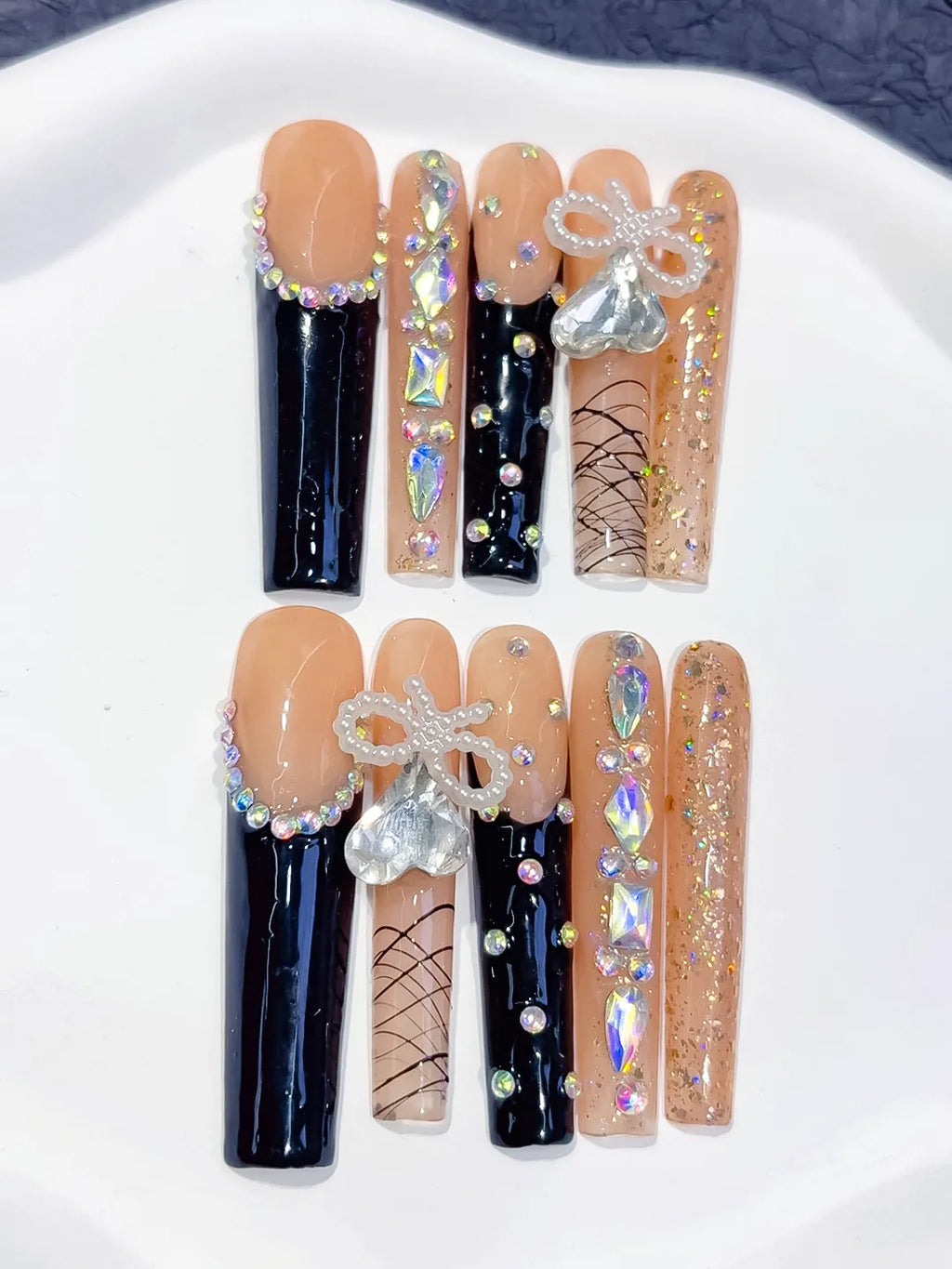 L022 - Long Nude Black Square French tip Bow Rhinestone