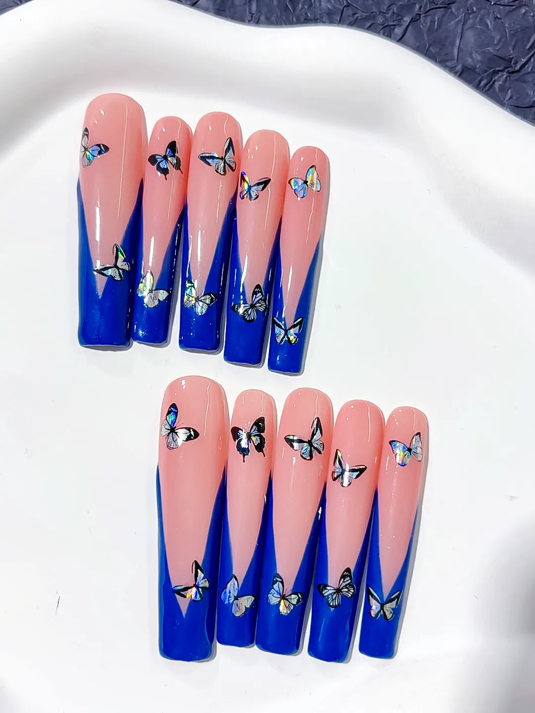 L023 - Long Pink Blue Square French tip Butterfly