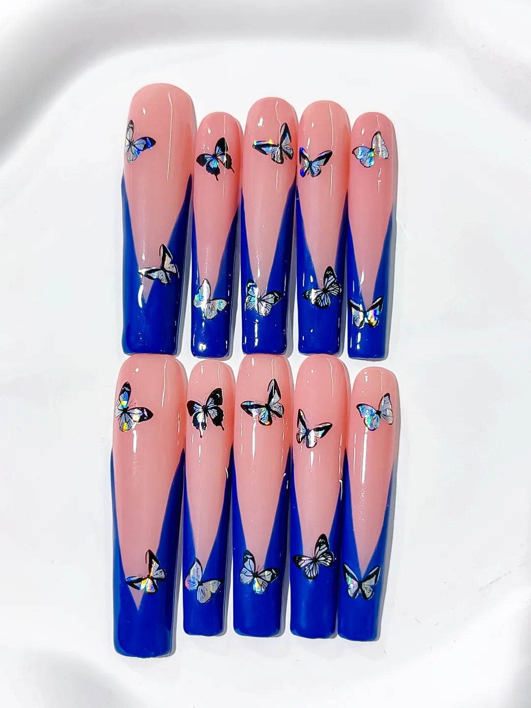 L023 - Long Pink Blue Square French tip Butterfly
