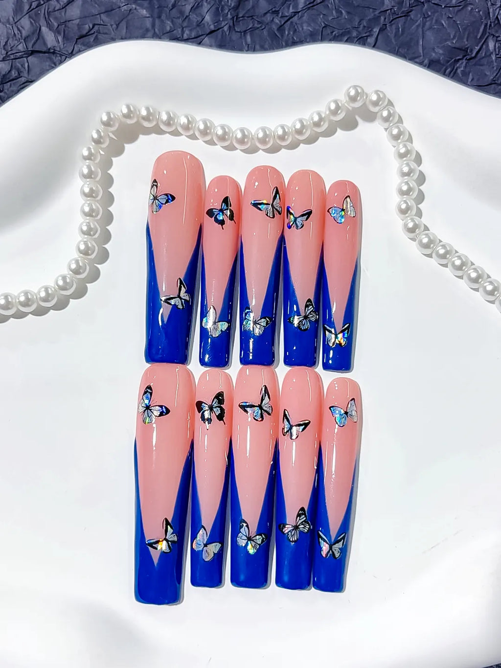 L023 - Long Pink Blue Square French tip Butterfly
