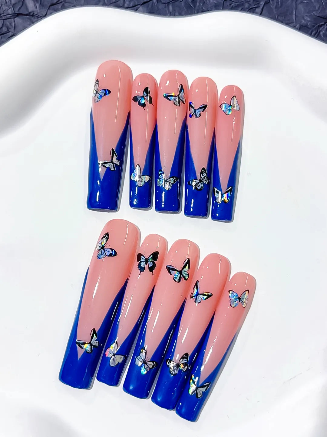 L023 - Long Pink Blue Square French tip Butterfly