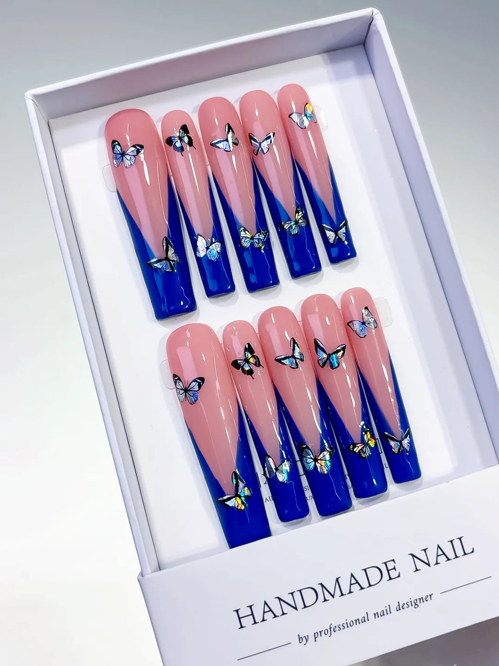 L023 - Long Pink Blue Square French tip Butterfly