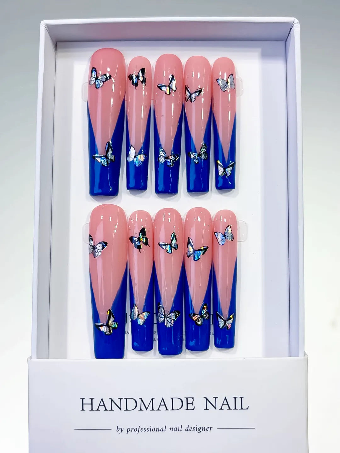 L023 - Long Pink Blue Square French tip Butterfly