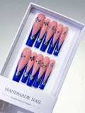 L023 - Long Pink Blue Square French tip Butterfly