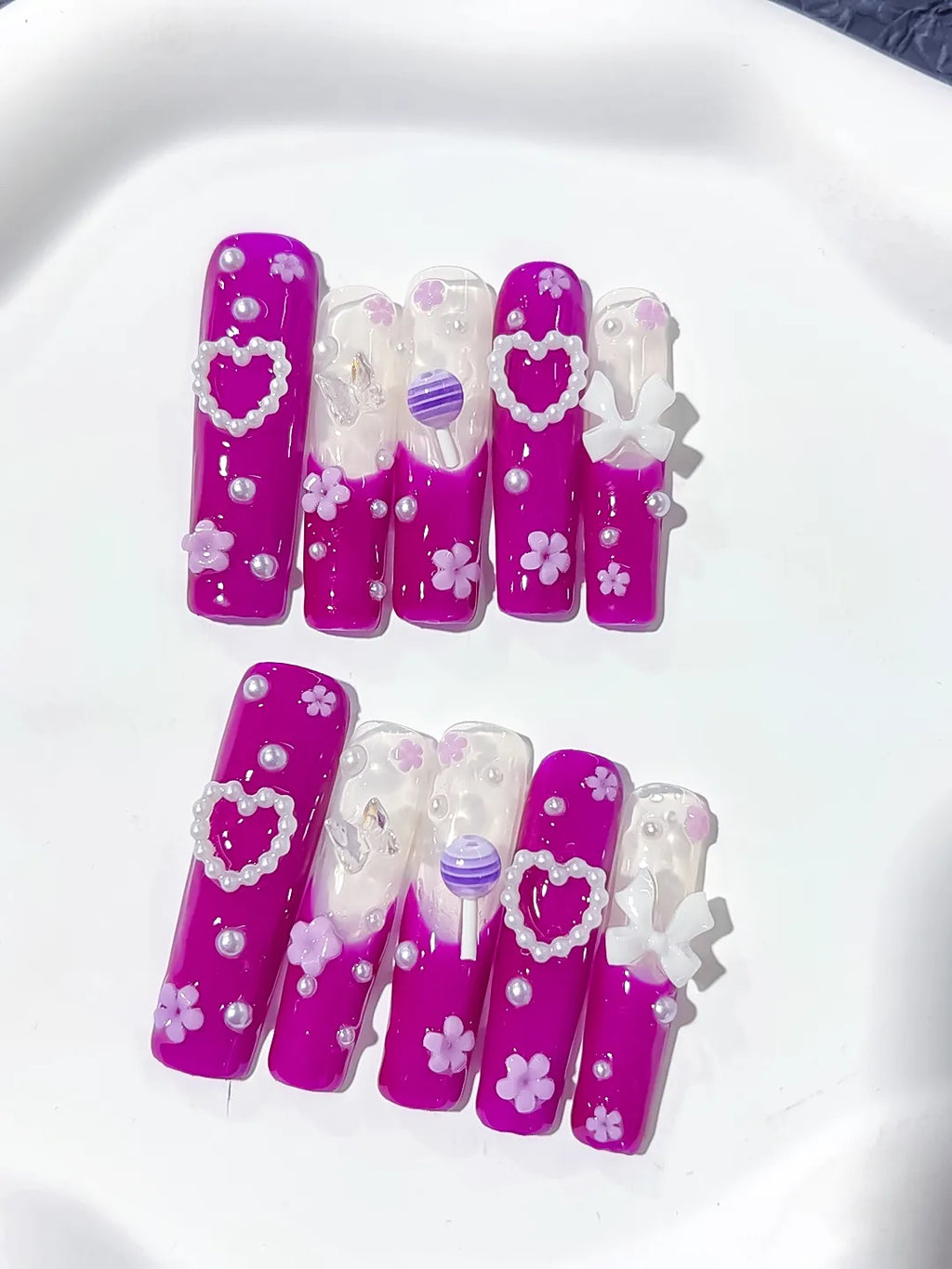 L024 - Long Pink White Square Solid color Heart Bow