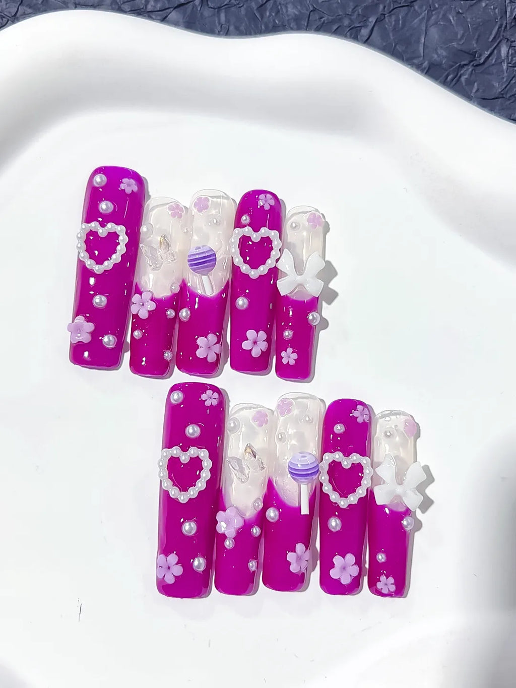 L024 - Long Pink White Square Solid color Heart Bow