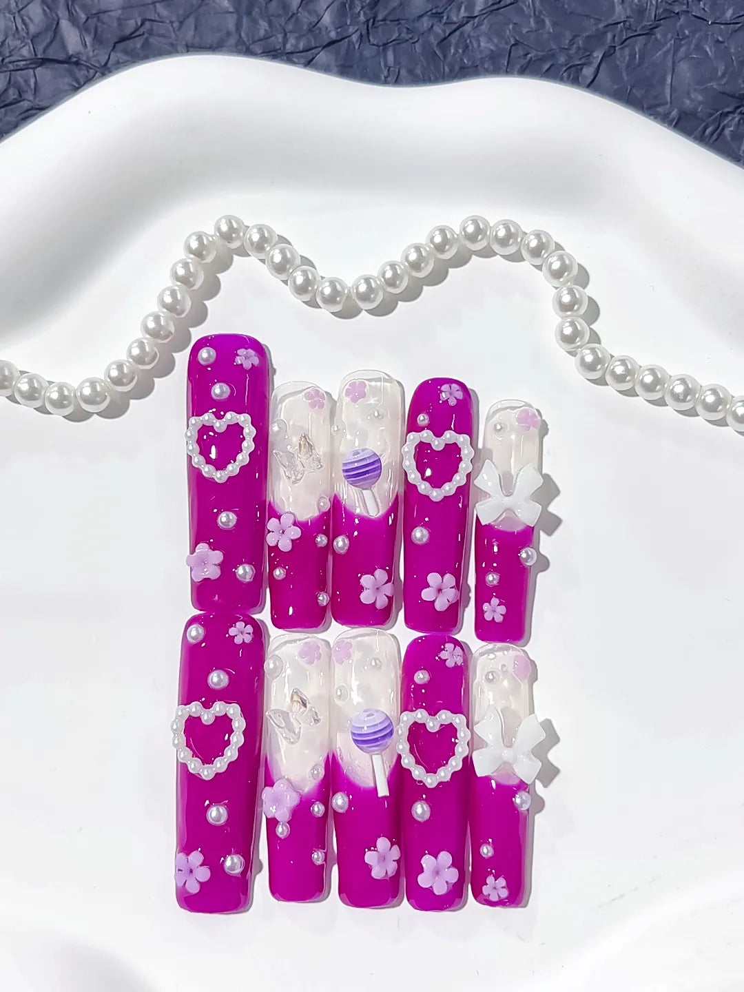 L024 - Long Pink White Square Solid color Heart Bow