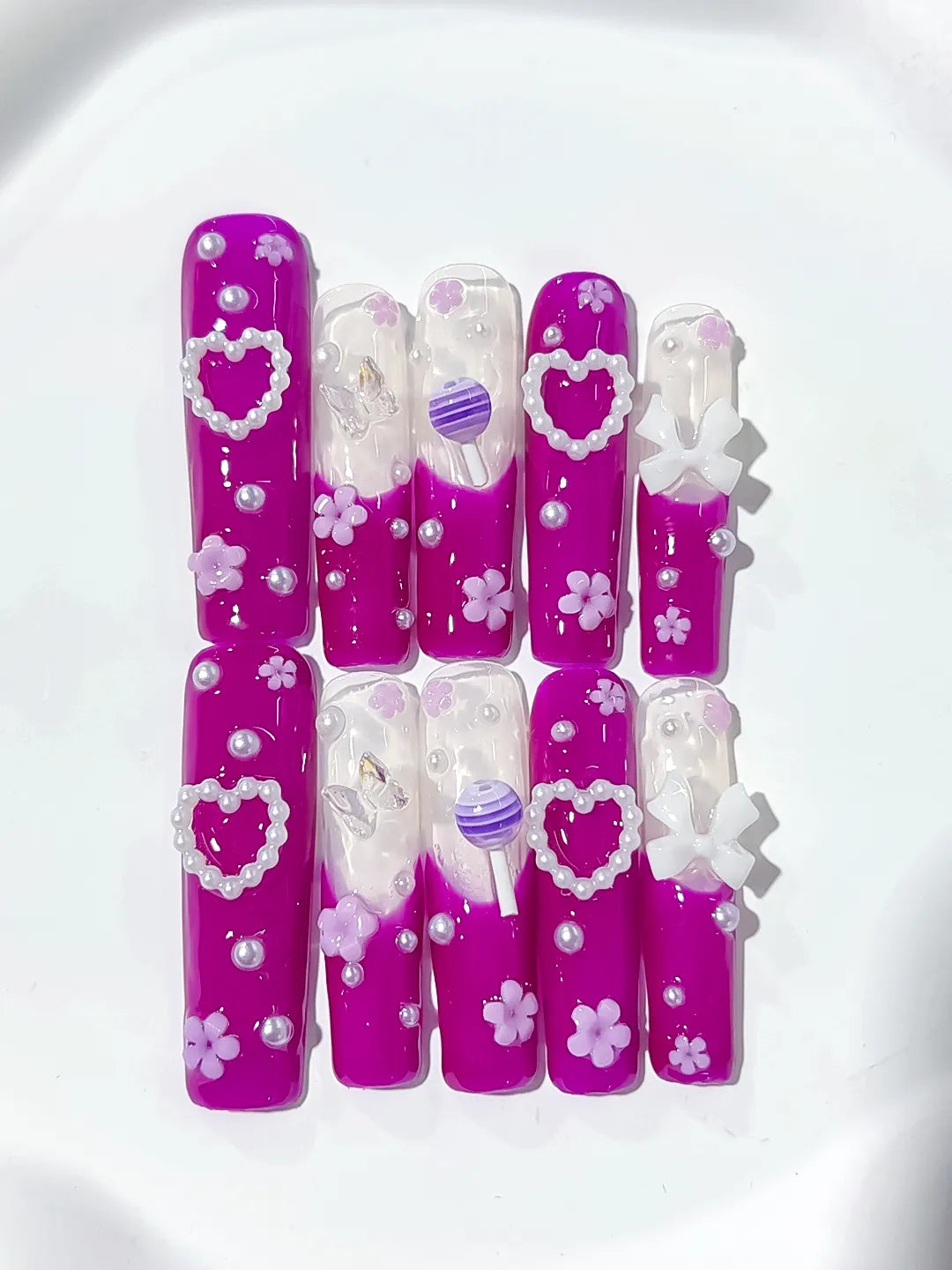 L024 - Long Pink White Square Solid color Heart Bow