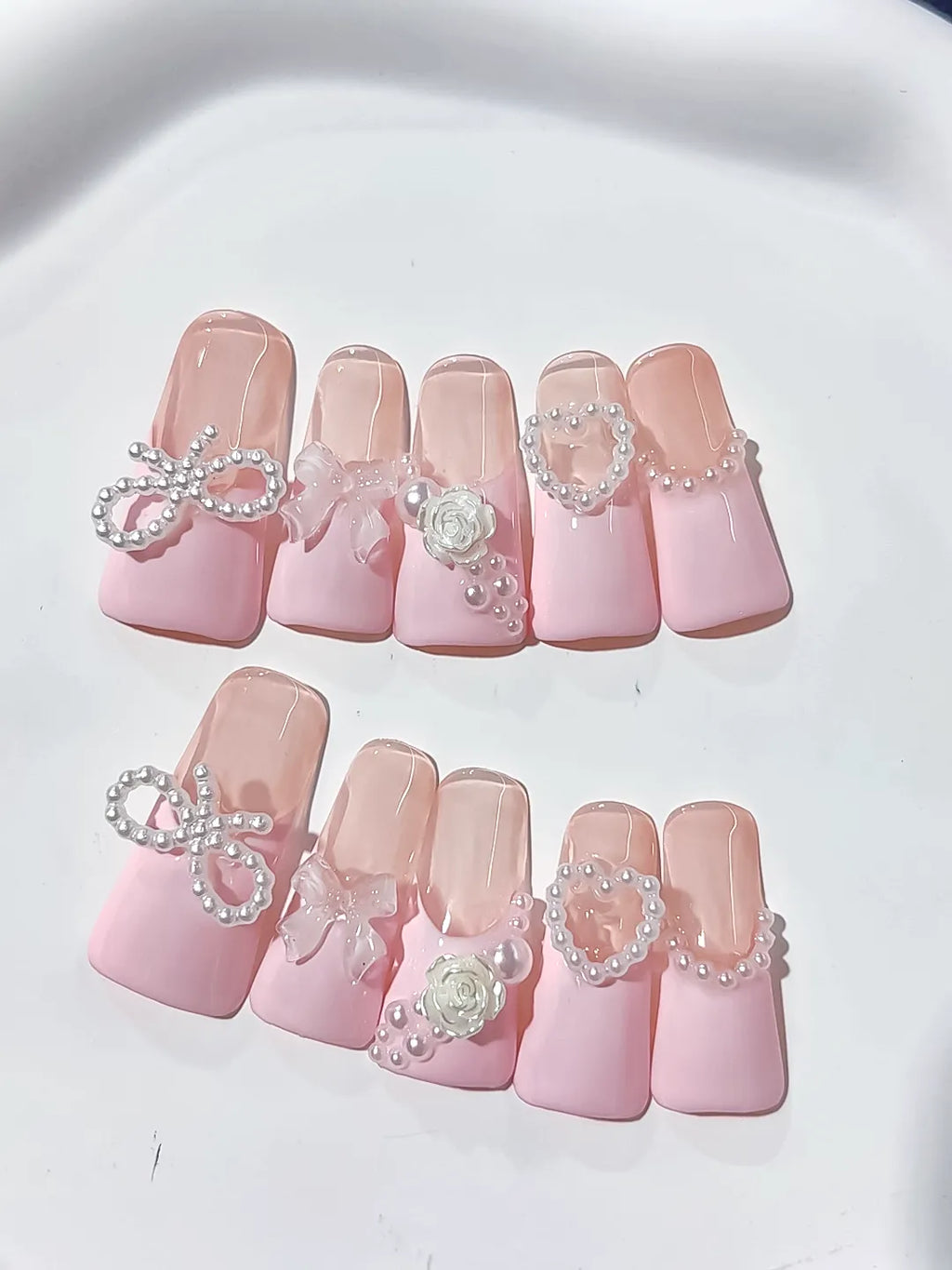 L025 - Long Pink Silver Duck Solid color Bow Heart
