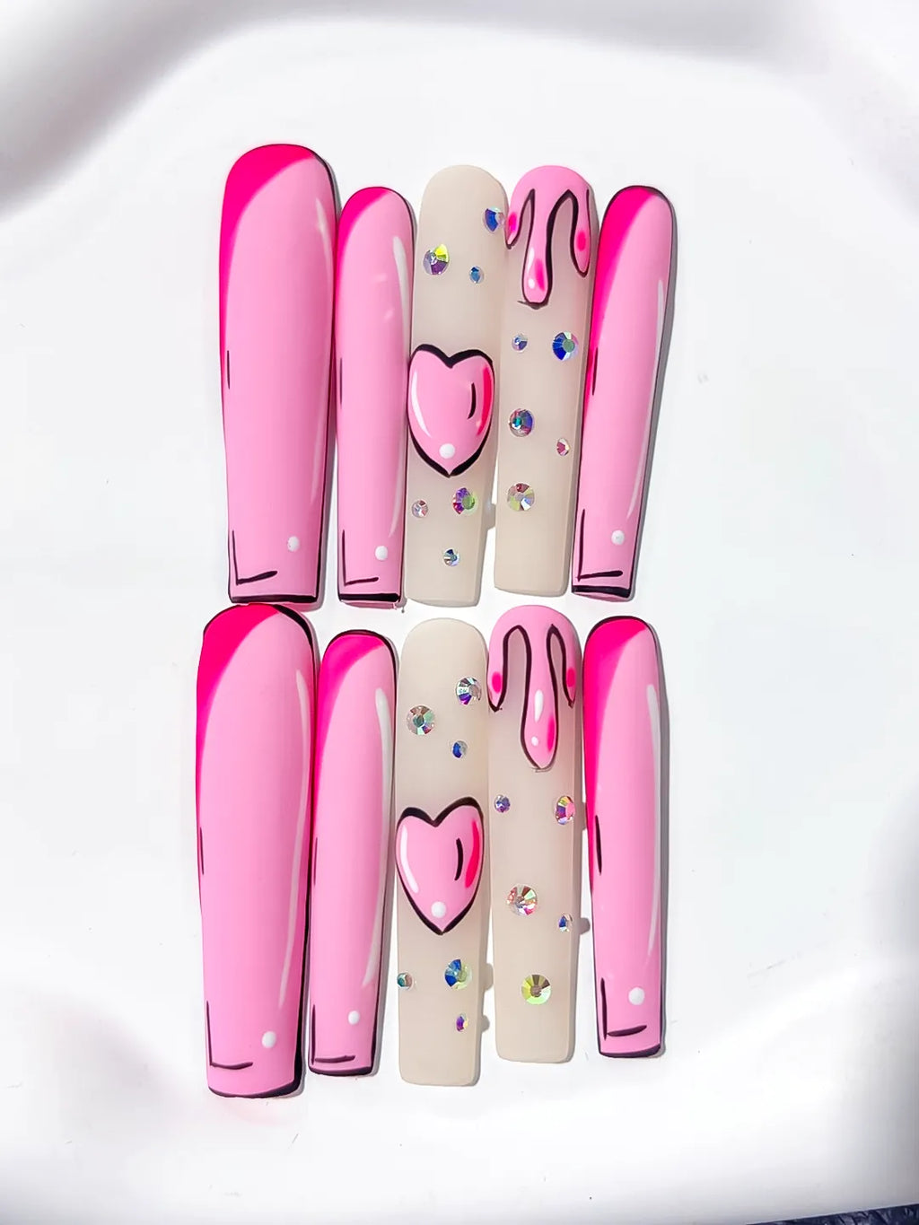 L027 - Long Pink Nude Square Abstract Heart Rhinestone