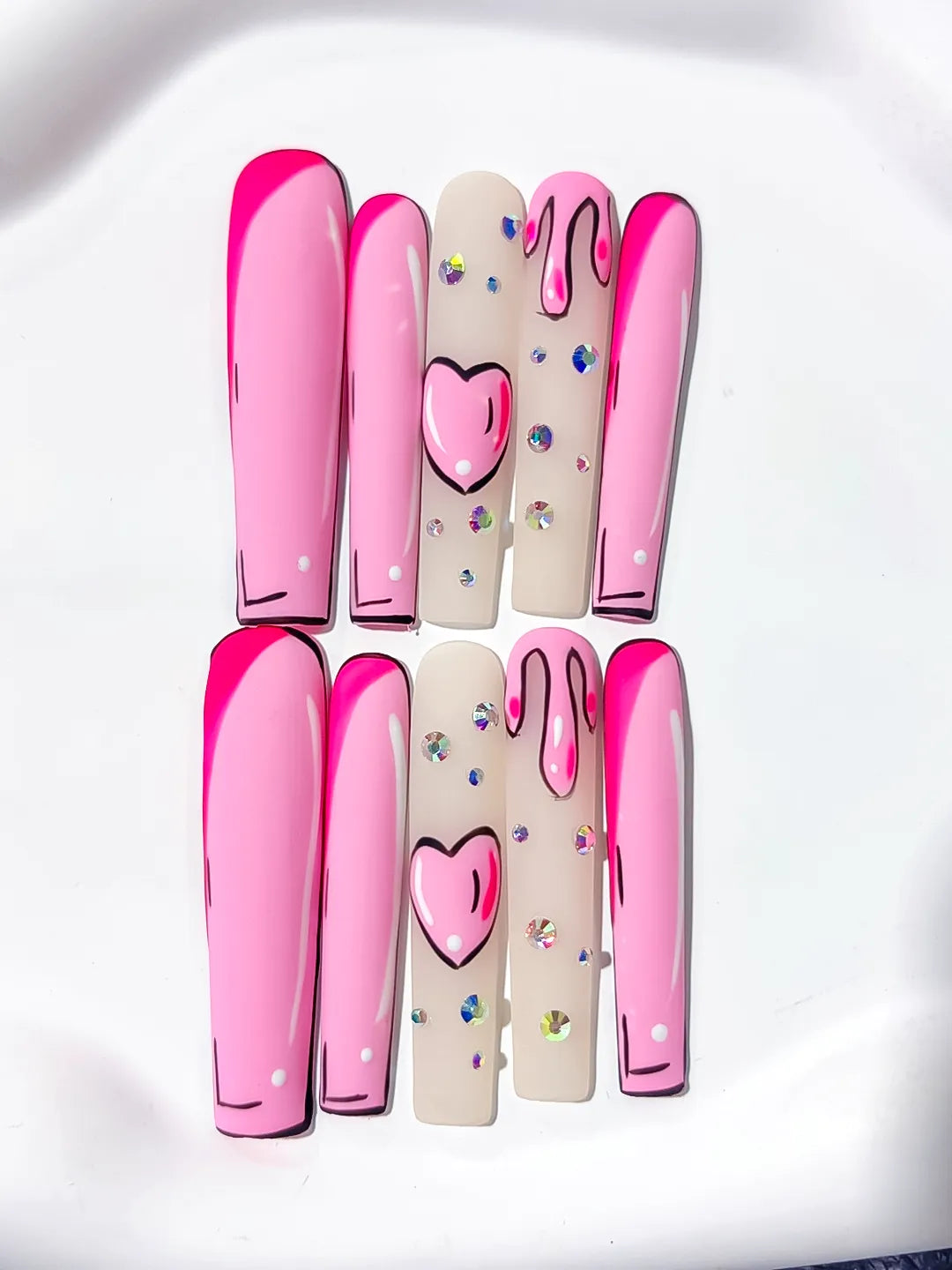 L027 - Long Pink Nude Square Abstract Heart Rhinestone