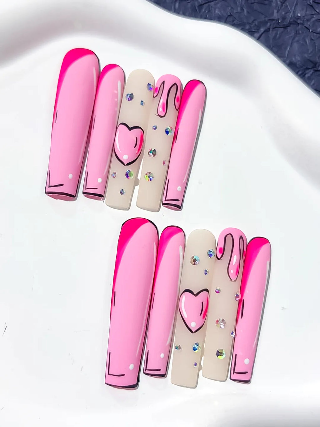 L027 - Long Pink Nude Square Abstract Heart Rhinestone