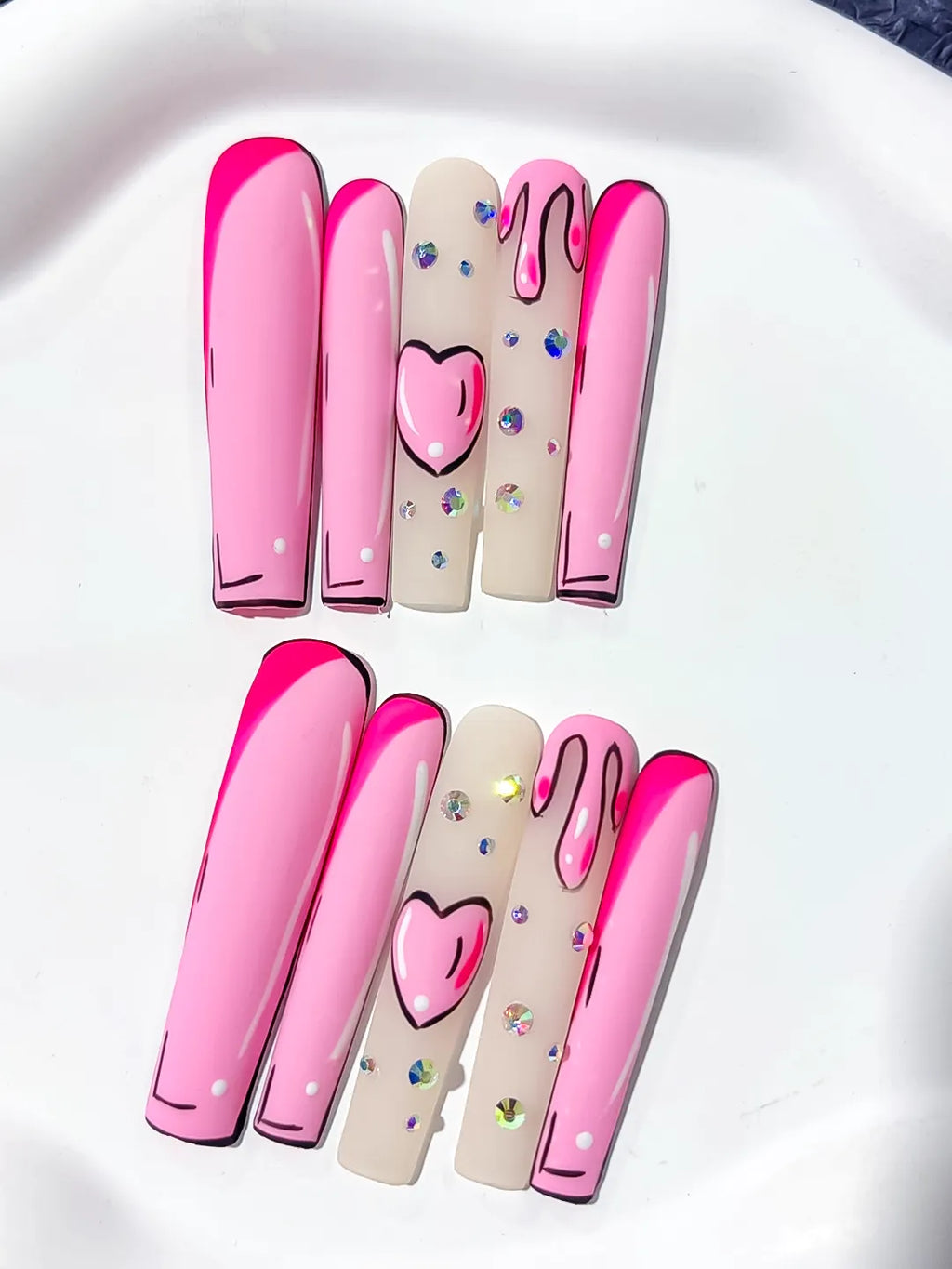 L027 - Long Pink Nude Square Abstract Heart Rhinestone