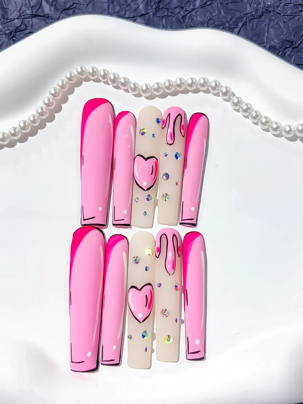 L027 - Long Pink Nude Square Abstract Heart Rhinestone