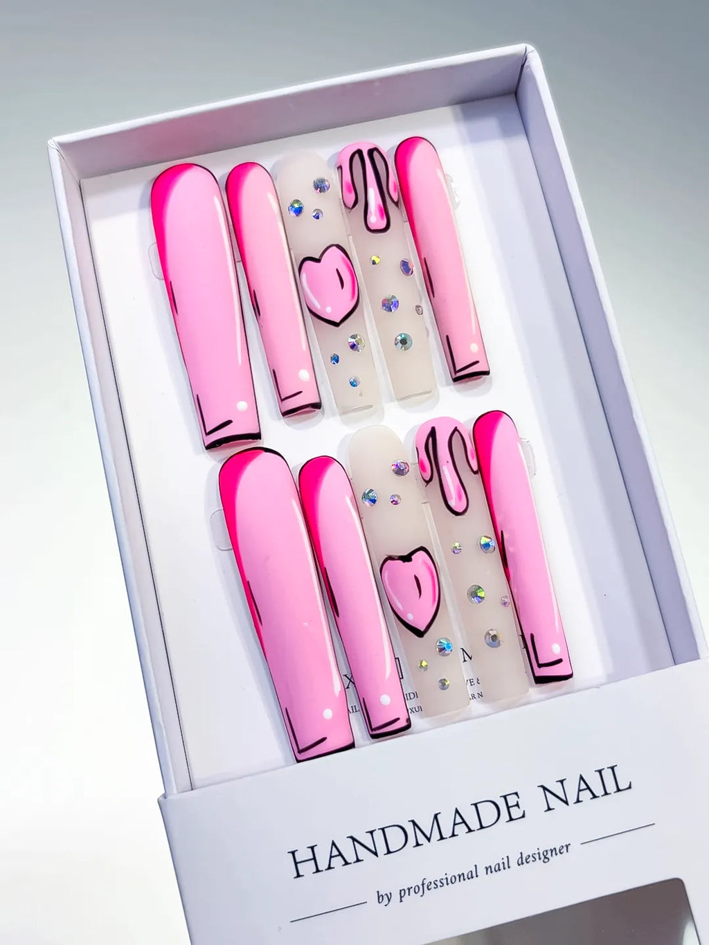 L027 - Long Pink Nude Square Abstract Heart Rhinestone