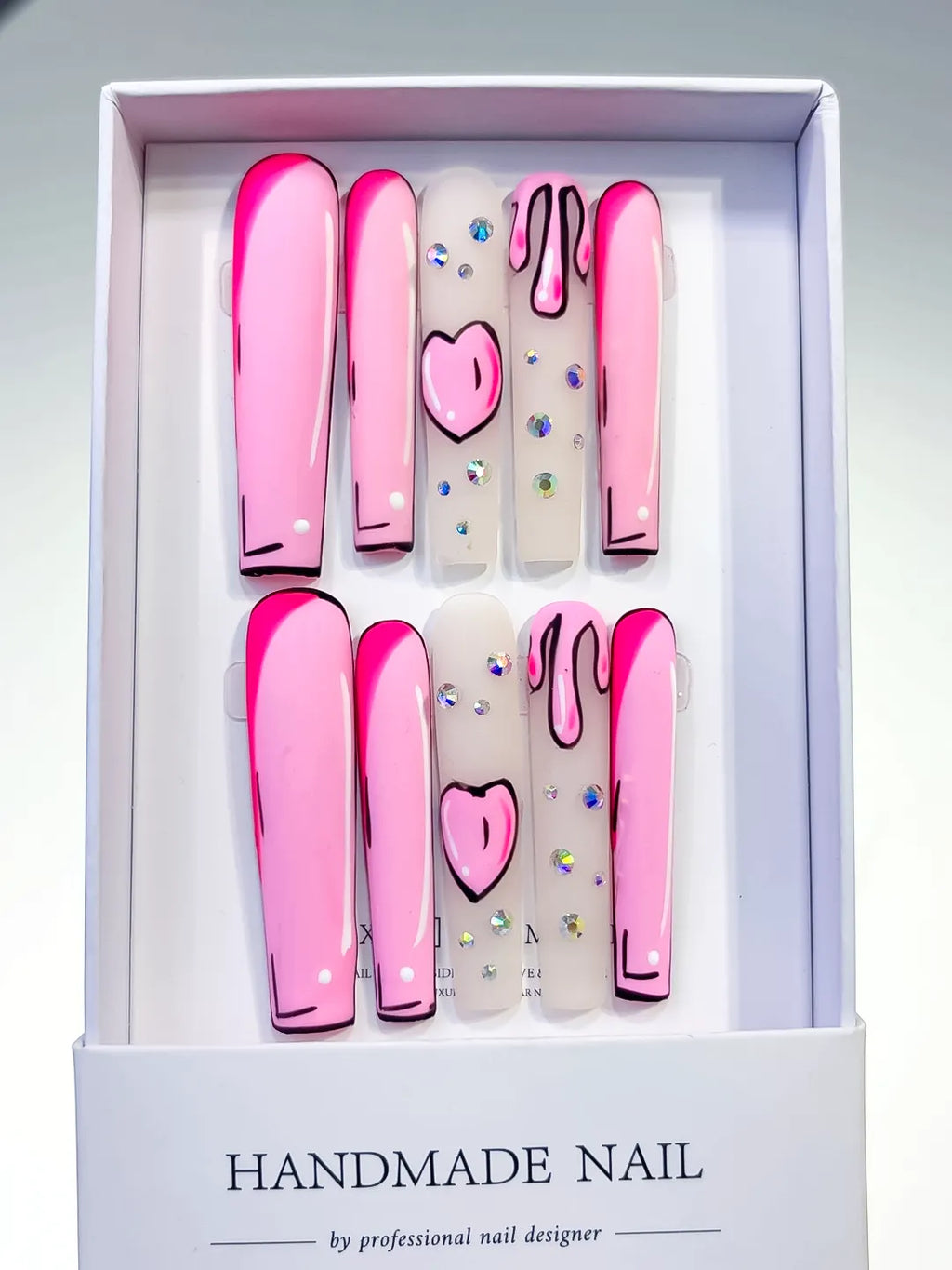 L027 - Long Pink Nude Square Abstract Heart Rhinestone