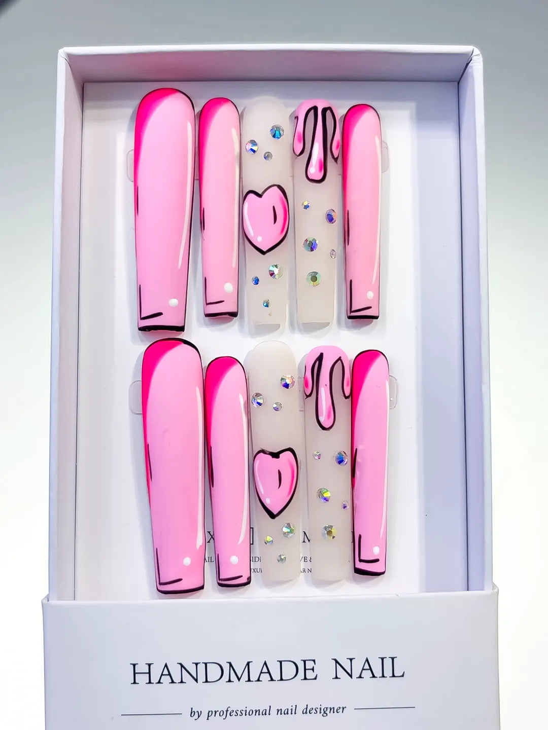 L027 - Long Pink Nude Square Abstract Heart Rhinestone