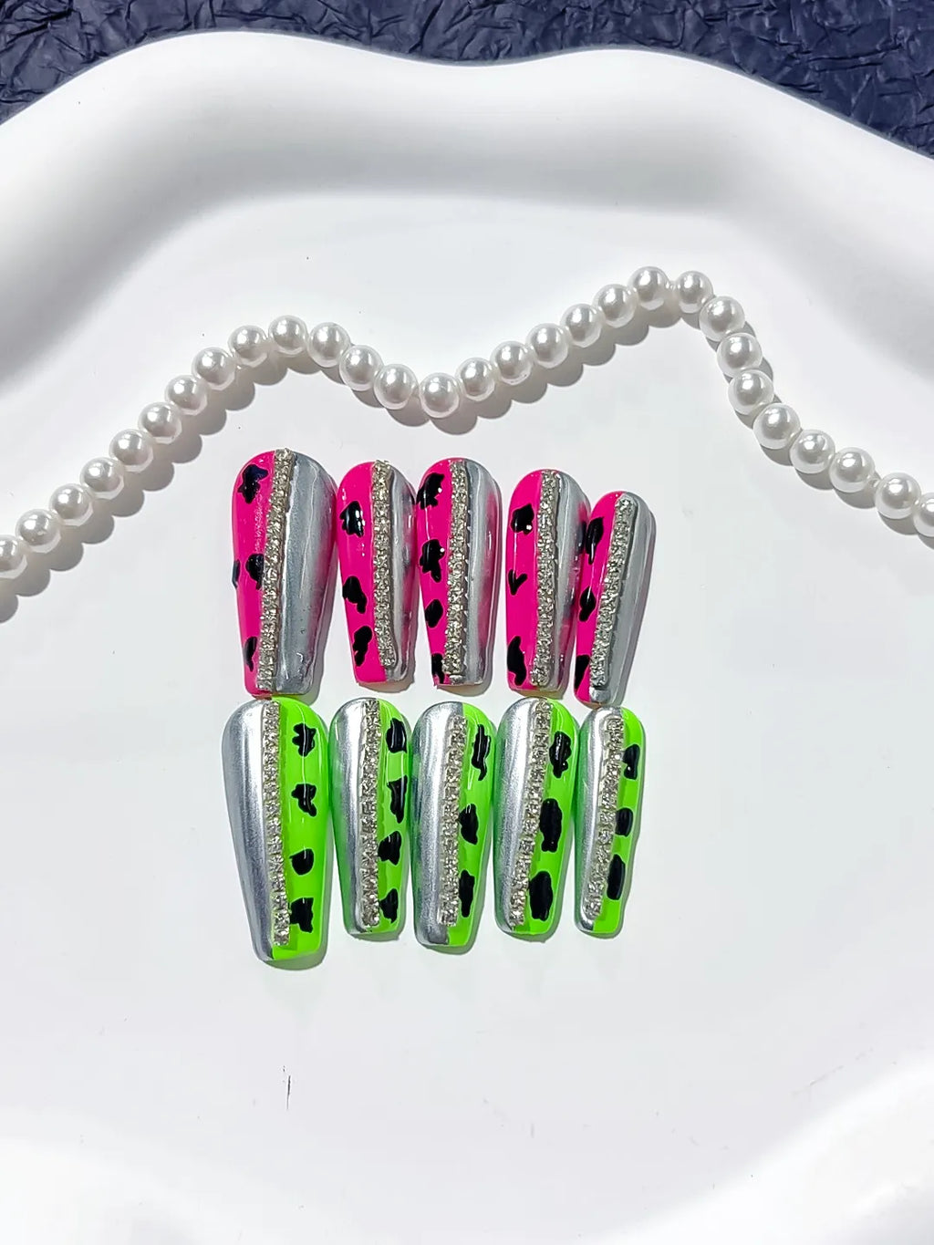 L028 - Long Pink Green Coffin Abstract Animal Print