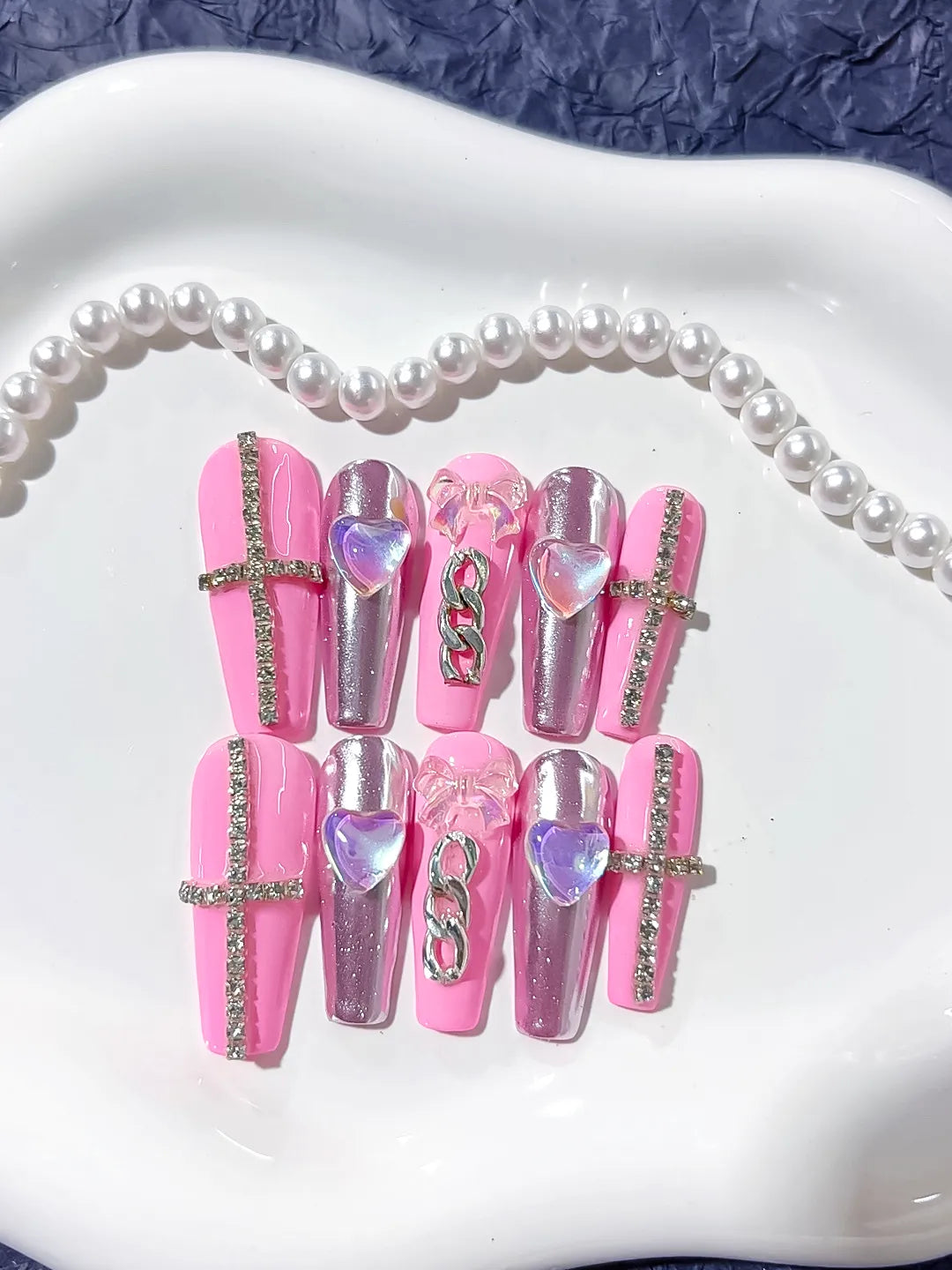 L029 - Long Pink Silver Coffin Metallic Heart Chain