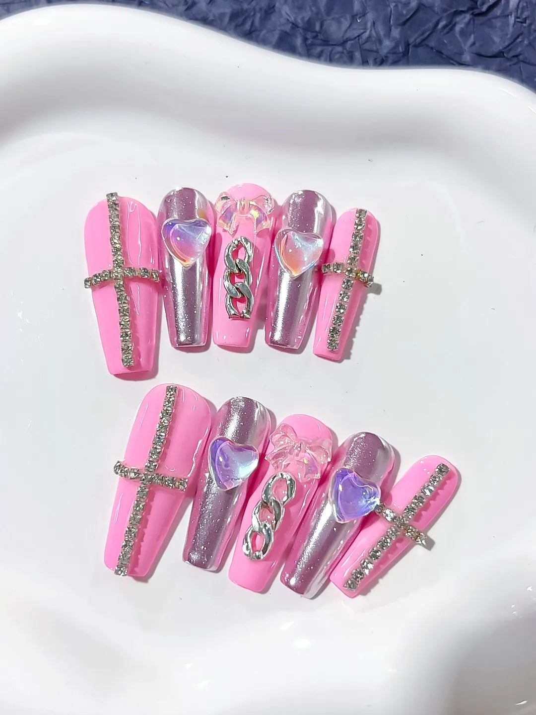 L029 - Long Pink Silver Coffin Metallic Heart Chain