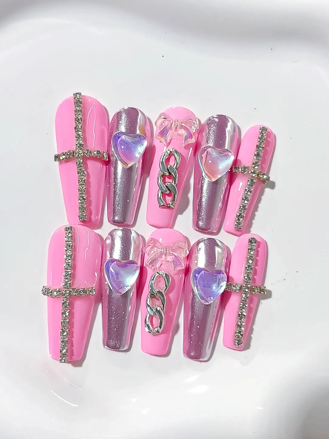 L029 - Long Pink Silver Coffin Metallic Heart Chain