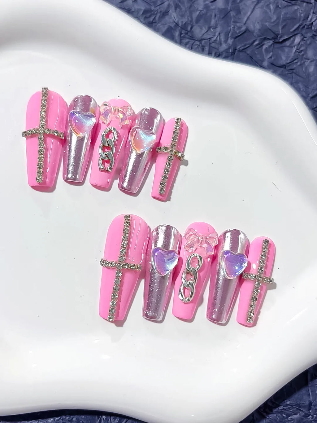 L029 - Long Pink Silver Coffin Metallic Heart Chain