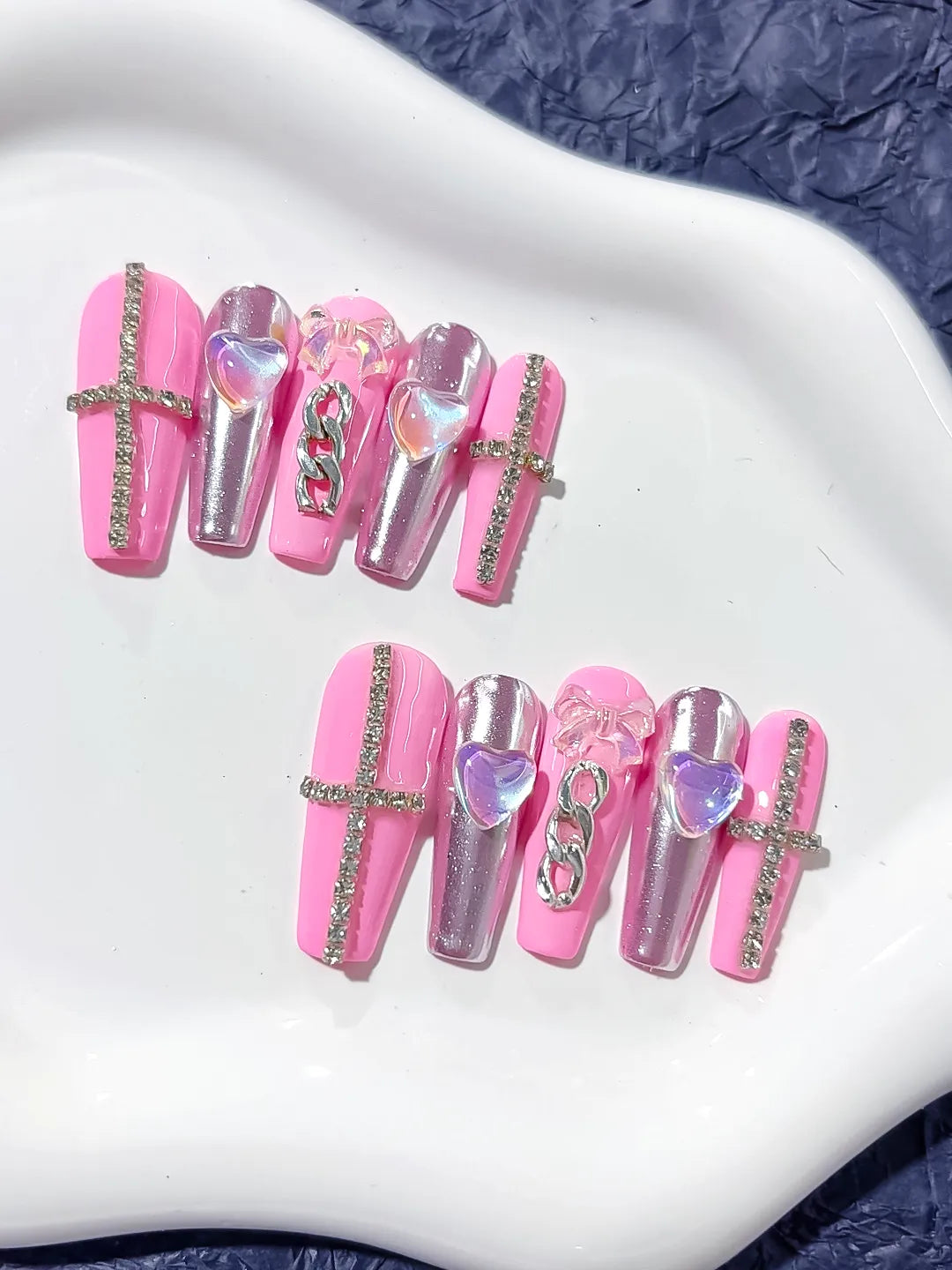 L029 - Long Pink Silver Coffin Metallic Heart Chain